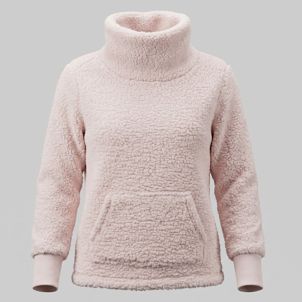 Daisy Fuentes Women M Pink Pullover Sherpa Fleece Funnel Neck Thumbhole Pocket